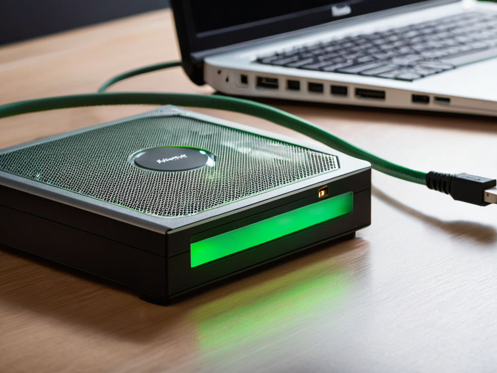 A professional, photorealistic close-up of a compact single-board computer on a desk next to a USB drive, with a small fan, green status LEDs, and a cable connected to a monitor, under cool white desk lighting, shallow depth of field, no text overlays