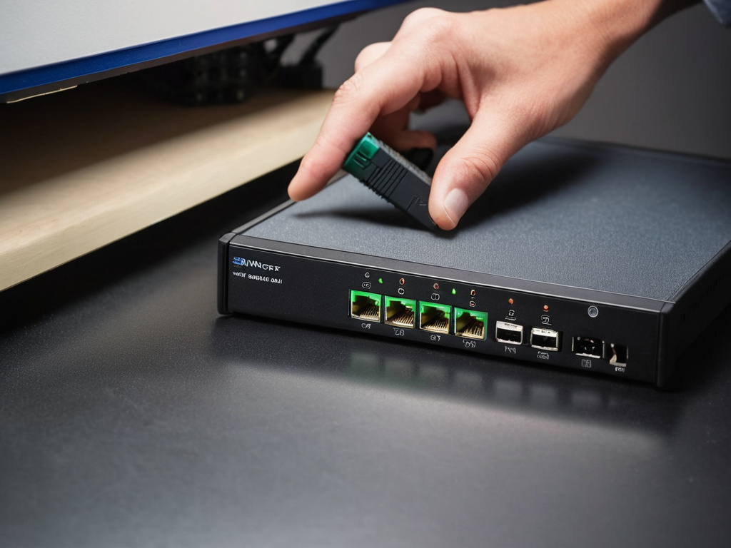 A professional, photorealistic side view of a small network switch, a single-board computer, and a USB drive on an anti-static mat, with a hand holding a screwdriver near the case, cool office lighting, clean composition, no text overlays