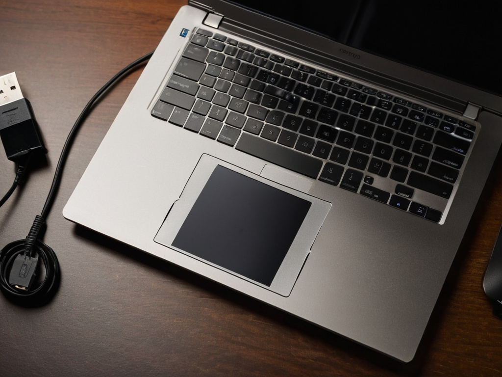 A professional, photorealistic top-down view of a laptop with a dark screen reflecting a desk lamp, next to a USB drive and a small single-board computer, soft desk lamp lighting, shallow depth of field, no text overlays