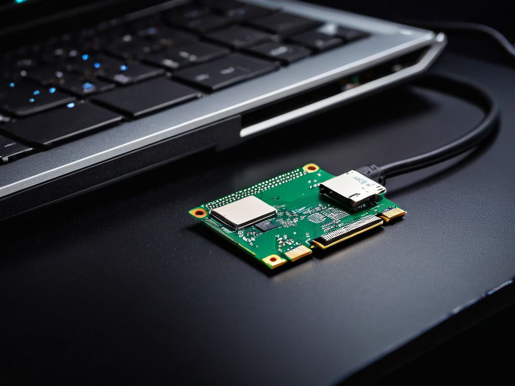 A professional, photorealistic close-up of a small single-board computer with a microSD card inserted, resting on a dark workbench next to a laptop and a coiled USB cable, lit by a cool LED task light from the upper left, shallow depth of field, realistic electronics textures, no visible text overlays