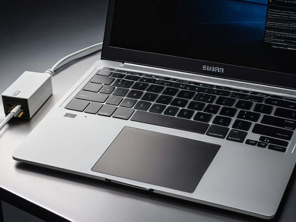 A professional, photorealistic close-up of a laptop with a dark screen reflecting a workbench lamp, a USB-C cable plugged into the side, a microSD card reader and a small single-board computer nearby, cool white lighting, clean workbench composition, realistic metal and plastic textures, no visible text overlays