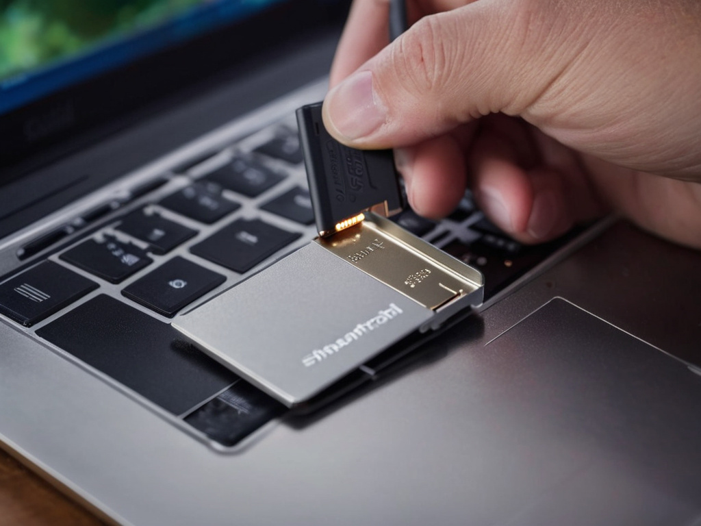 A professional, photorealistic close-up of a microSD card being inserted into a metal card reader, with a USB cable leading to a laptop, warm task lighting, a small single-board computer in the blurred background, clean workbench surface, realistic textures, no visible text overlays
