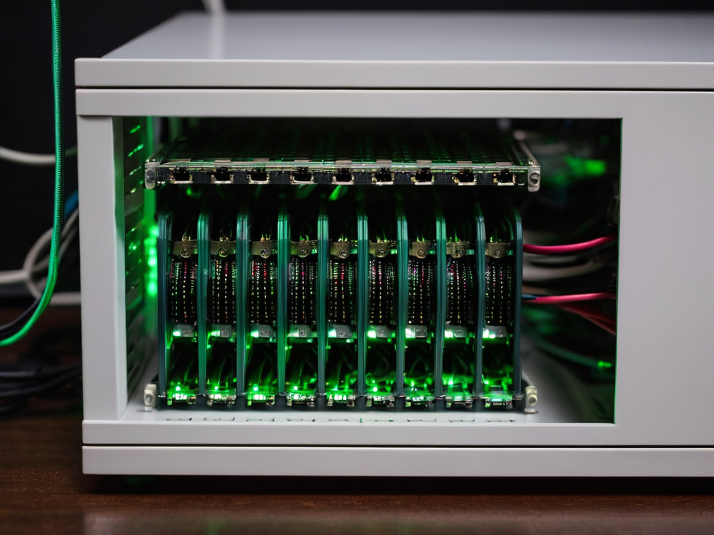 A photorealistic dimly lit server rack in a small home lab, one Raspberry Pi with a green activity LED, tangled Ethernet cables, a laptop with a dark screen, shallow depth of field, realistic textures