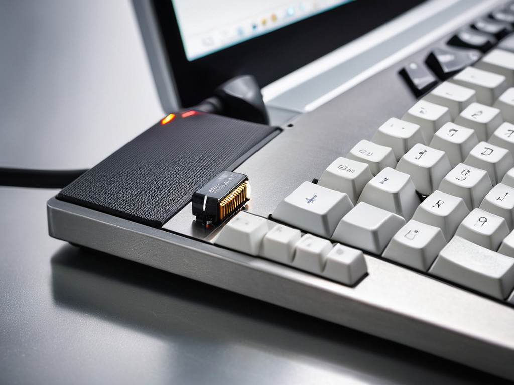A photorealistic close-up of a mechanical keyboard and a small network switch on a metal desk, a USB drive plugged into a laptop, cool white desk lamp, realistic reflections