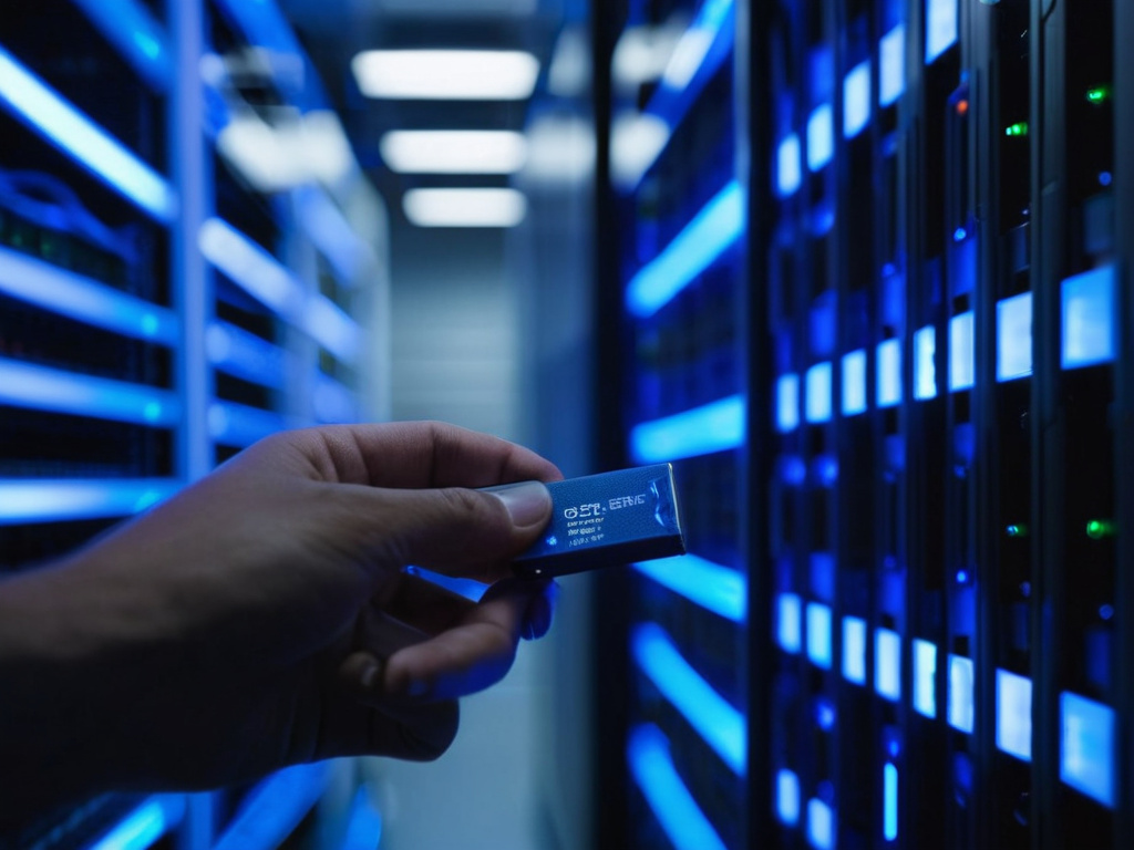 A photorealistic clean server room aisle with low blue status lights, a technician's hand holding a USB drive near a rack, soft ambient lighting, realistic depth